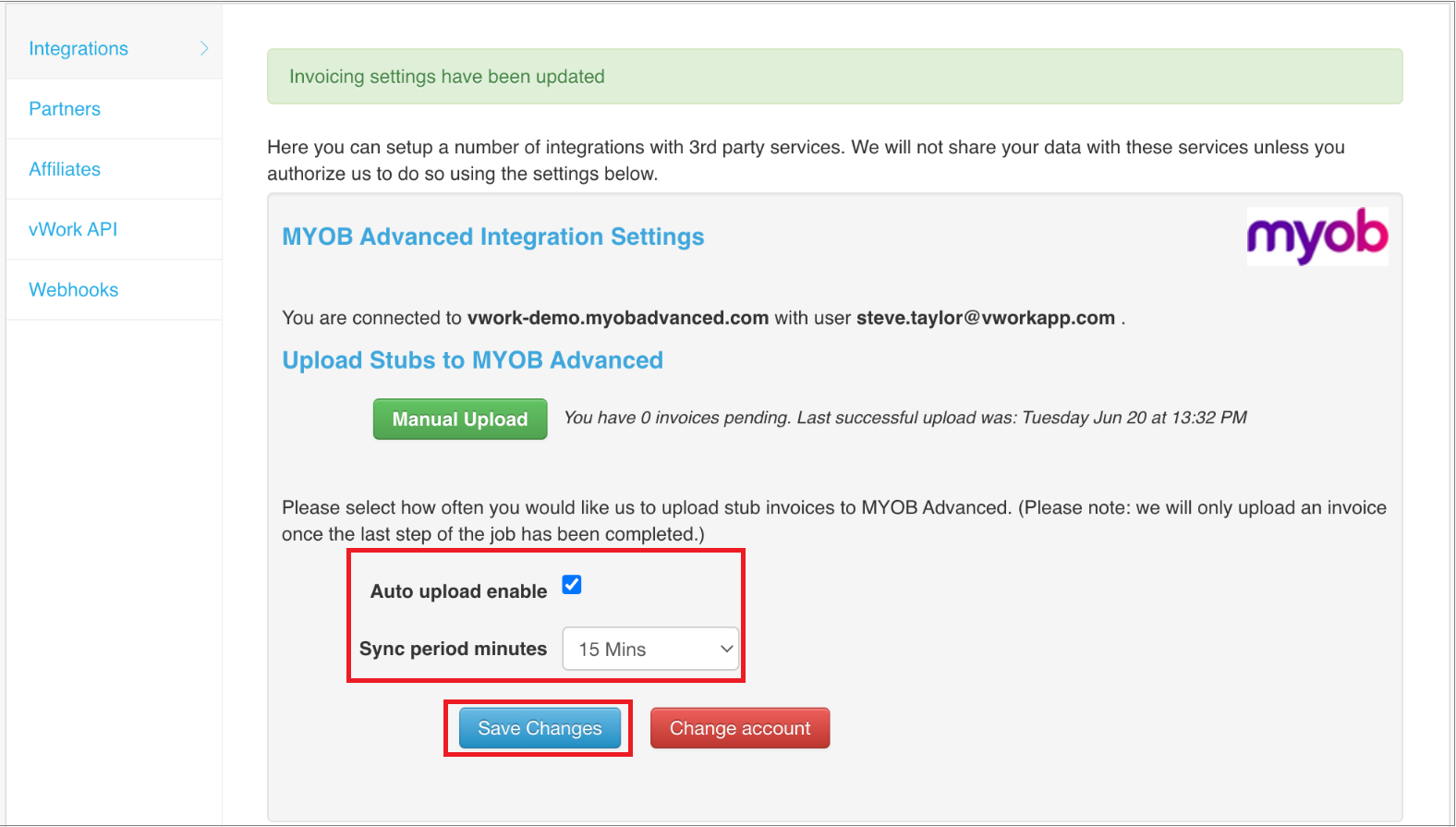 MYOB Advanced connected settings page.png