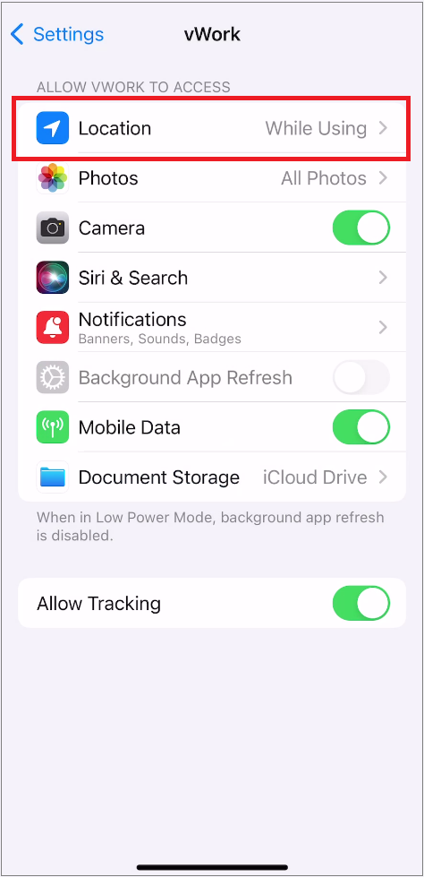 vWork iOS settings Location tracking options.png